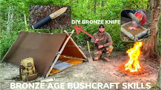 Solo Overnight Building a Bushcraft Camp and Casting Bronze In a Campfire and Bacon Ribeye Skillet