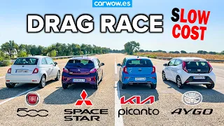 LOW COST: FIAT 500 vs TOYOTA AYGO vs MITSU SPACE STAR vs KIA PICANTO DRAG RACE