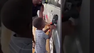little children put water pipe  in fuel tank funny video