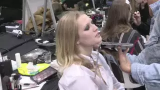 Toni Garrn getting ready backstage for the Elie Saab Fashion Show in Paris