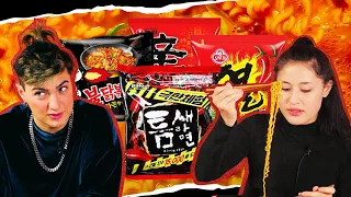 Foreigner's reaction to eating 4 types of spicy ramyun in Korea