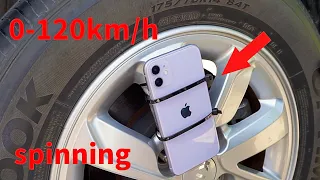 0-120 km/h. Spin iPhone 11 on the TIRE !!! (0-74 mph)