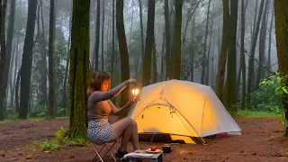 Relaxing SOLO camping in the wild rain forest | silent TINY GIRL in the wilderness | ASMR