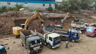 Action!! Excavator Loading Mini Dump Trucks, Rehabilitation of canals using many machines