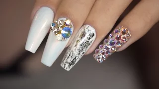 White Pearl Nails with Foil, Charm and Swarovski | April Ryan | Red Iguana