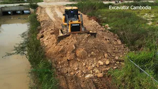 Repair Road With Skill Driver Bulldozer Working Pushing Dirt And Dump Truck Dumping Dirt Part 2