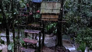 Camping Hujan Deras, Membangun Rumah Panggung, Pinggir Sungai Di Sela pohon Besar Di Hutan