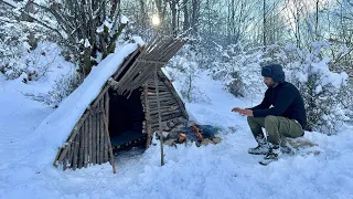 -10*C Building A Bushcraft Snow Survival Shelter With Hand Tools, Howling Wolves & Outdoor Cooking