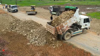Amazing New Filling Land Processing Komatsu D31P Bulldozer Pushed Stone With Dump Trucks Unloading
