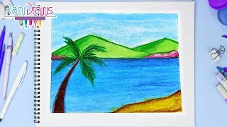 Cómo dibujar un PAISAJE DE PLAYA con ÓLEO PASTEL  -  paisajes fáciles Paso a paso