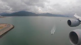 Landing in Hong Kong International Airport. Airbus A340-600 Lufthansa from Frankfurt