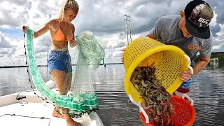 Throwing Big Cast Nets for Wild Shrimp! Catch & Cook