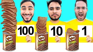 تحدي من 1 الى 100 قطعة طعام تاكلها 🍫🔥 (أنفجرت المعدة من الميكس 😭💔)