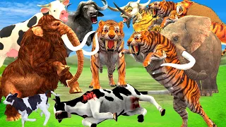 Five Giant Tiger Attacks Buffalo Cow Cartoon Saved by Woolly Mammoth Elephant Vs 2 Tiger Bull Animal