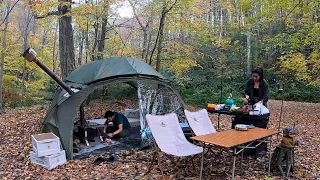 Autumn Camp in the Deserted Forest with Our Warm Tent with Stove