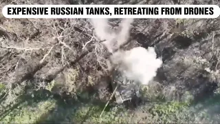 Expensive Russian tanks, Retreating from Ukrainian cheap quadcopter drones strikes