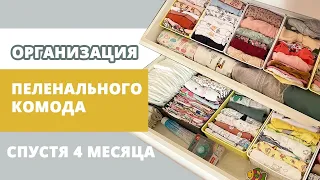 Организация пеленального комода спустя четыре месяца: оптимизация хранения детских вещей.