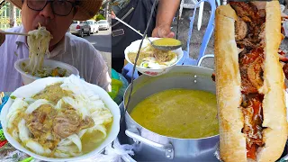 Tasting Cambodian street food, cheap street food breakfast, noodle soup & sandwiches