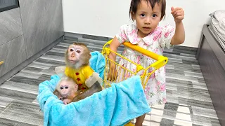 Diem playing with monkey Kaka and baby monkey Mit looked so happy