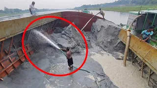 Amazing work sand unload big barge ship by powerful drager machine relaxing and cool video