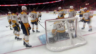 Nashville Predators behind the net pre-game warm-up at the Predators @ Senators hockey game