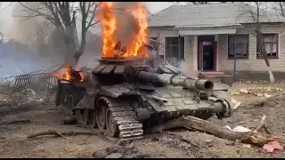 Kyiv region, Sloboda village, burning tank T-72B of the Russian Army