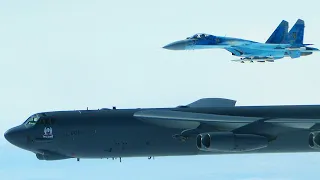 THIS IS NO INTERCEPT, IT'S AN ESCORT! Ukrainian Su-27 Fighters Fly Alongside USAF BTF B-52H Bombers