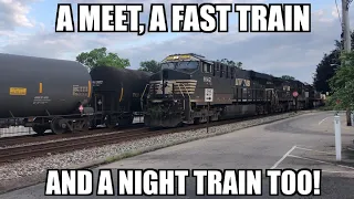 A meet, a fast train, and a night train too! Great action on the old B&O!