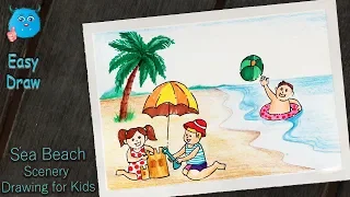 How to Draw a Beach Scene of Kids Playing-Easy Sea Beach Drawing in Color Pencils