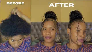 SUPER EASY TOP KNOT CURLY BUN WITH BANGS ON NATURAL HAIR| HIGH CURLY BUN| SLEEK HIGH BUN|TYPE 4 HAIR