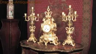 Louis Japy Large Antique French Rococo Gilt Brass Candelabra Clock Set