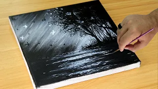 Easy Landscape Painting for beginners / Black & White / Acrylic Painting Idea #drawing