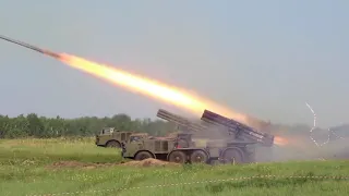 Artillery drills using Msta-S self-propelled guns, Uragan and Grad-M MLRS