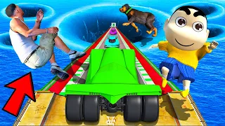 SHINCHAN AND FRANKLIN TRIED THE IMPOSSIBLE DEEPEST WATER HIGHEST MEGA RAMP CAR JUMP CHALLENGE GTA 5