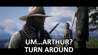 Arthur and Hosea being awkward in a glitched cutscene - Red Dead Redemption 2