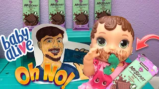 Baby Alive Zoe eats to much Mr Beast chocolate bars and gets Sick! 🤮