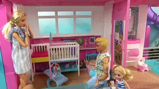 Barbie and Ken at Barbie House w Barbie Sisters and Baby Shover Fun and New Baby Room