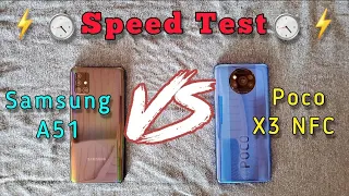 Poco X3 NFC versus Samsung A51 speed test battle | which phone is faster ?