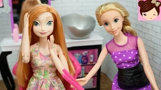 Frozen Anna Doll Make Over at Rapunzels Beauty Salon - Barbie  Toy Hair Salon Videos