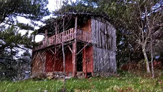 Hiding in a 100 Year Old Abandoned Log Cabin in the Heavy Rain - Off Grid Cabin