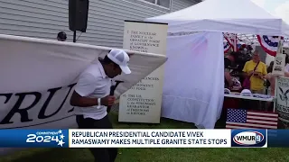 Sign falls on GOP presidential candidate Vivek Ramaswamy during speech in Lancaster