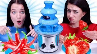 ASMR Blue Chocolate Fountain Fondue VS Red Food Challenge By LiLiBu