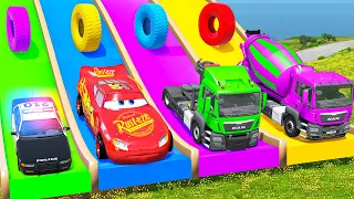 Long Cars vs Speed Bumps and Truck Rescue Cars - Big & Small Mcqueen vs Slide - Cars vs Deep Water