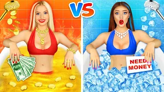 Chica rica fuego vs chica pobre hielo | Batalla fuego vs hielo de 24 horas por RATATA CHALLENGE