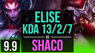 ELISE vs SHACO (JUNGLE) | KDA 13/2/7, Dominating | NA Grandmaster | v9.9