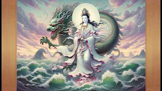 An ethereal and serene illustration of the Nanhai Guanyin Bodhisattva in a Buddhist style.  #music