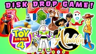 Toy Story 4 vs Aladdin Disk Drop Game! W/ Princess Jasmine, Forky and Genie