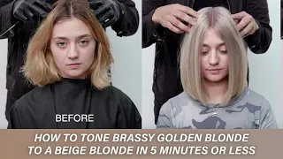 How to tone brassy golden blonde to a beige blonde in 5 minutes or less | Kenra Color