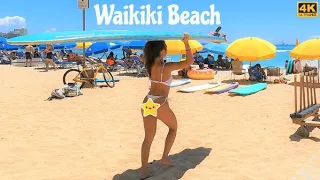 [4K] HAWAII - Waikiki Beach Walking Tour - beautiful day for people watching!