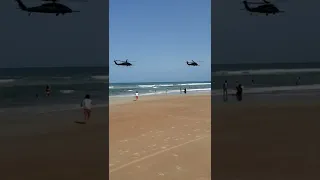 Military helicopters over the beach